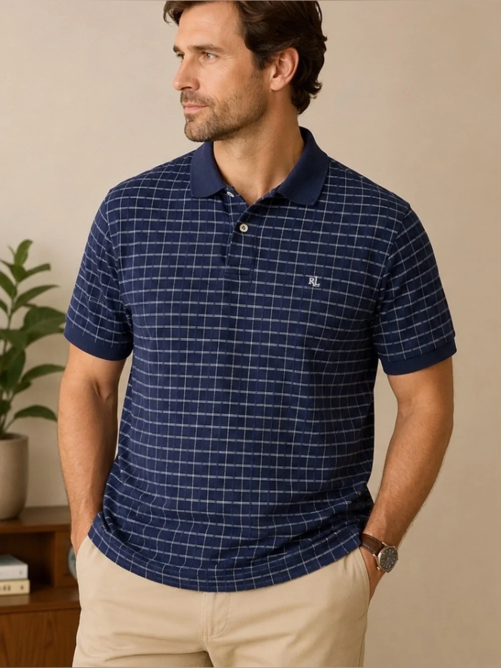 Lauren Ralph Lauren Blue Windowpane Polo Shirt Size Large